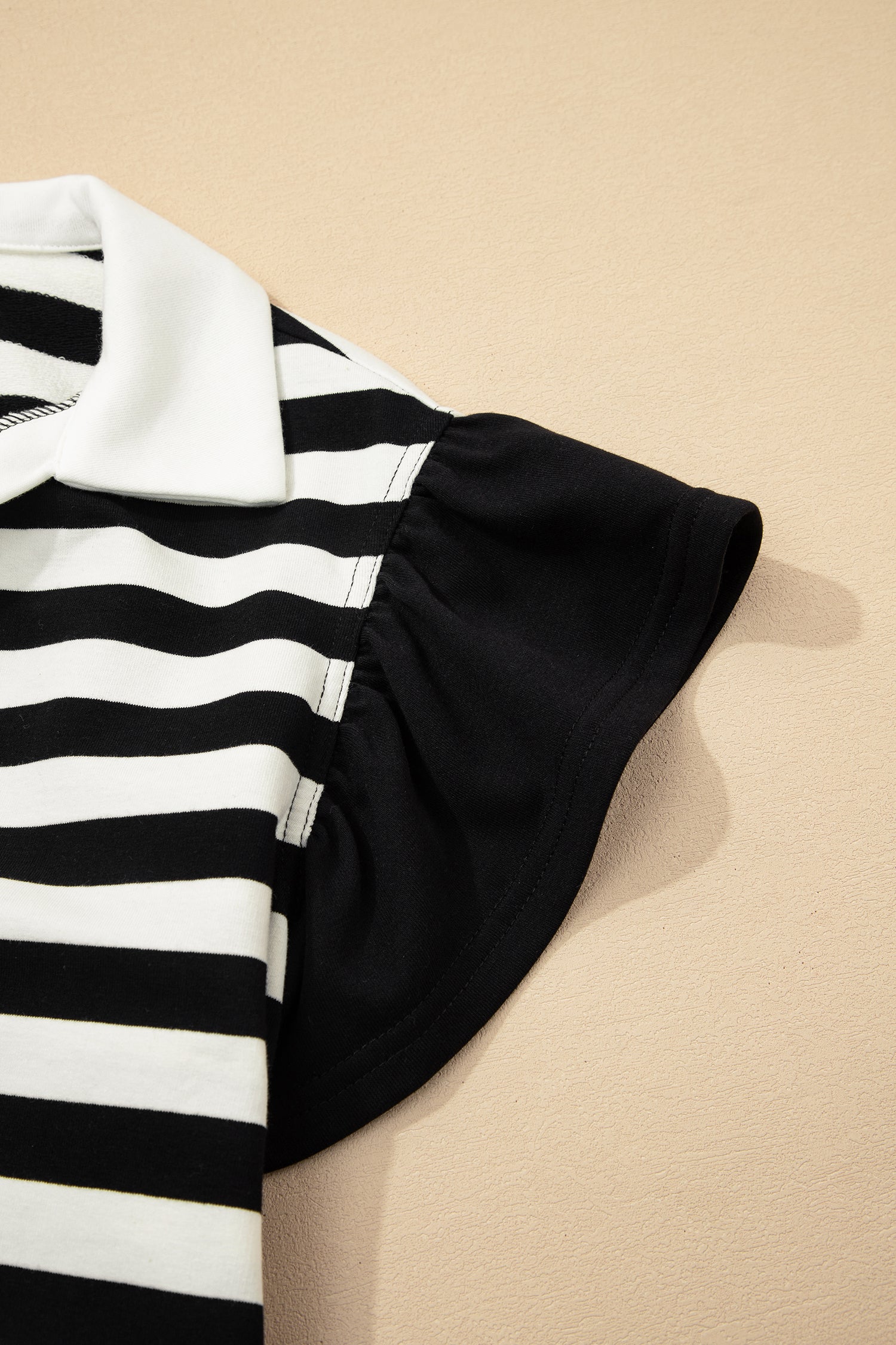 Black Stripe Collar V Neck Ruffled Short Sleeve Blouse