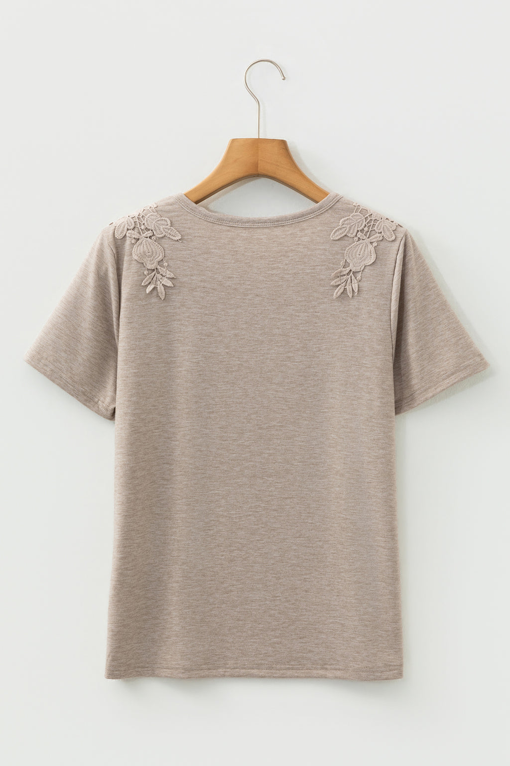 Smoke Gray Solid Color Lace Patched Detail Round Neck Tee