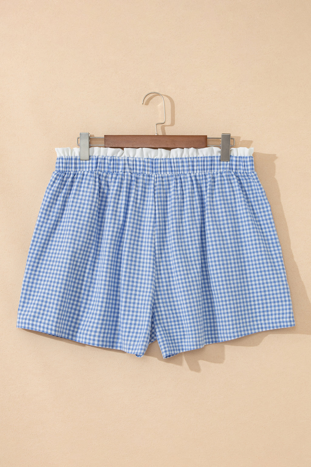 Sky Blue Contrast Trim Plaid Print Plus Size Shorts