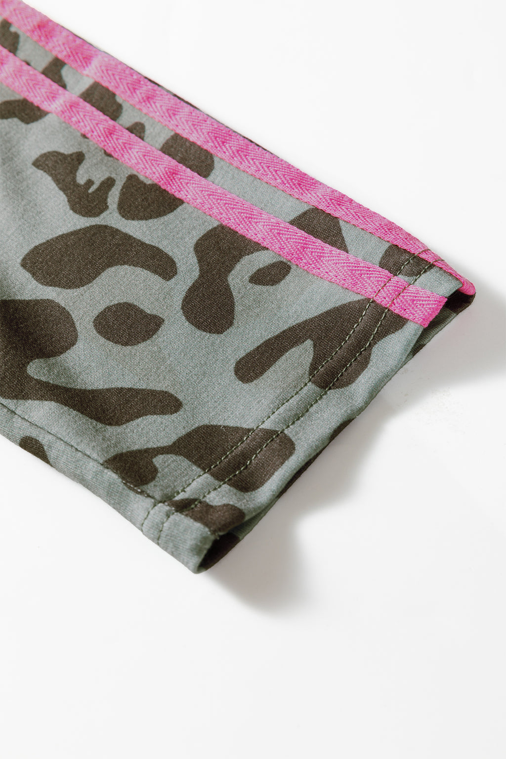 Green Leopard Print Varsity Striped Trim Long Sleeve Top