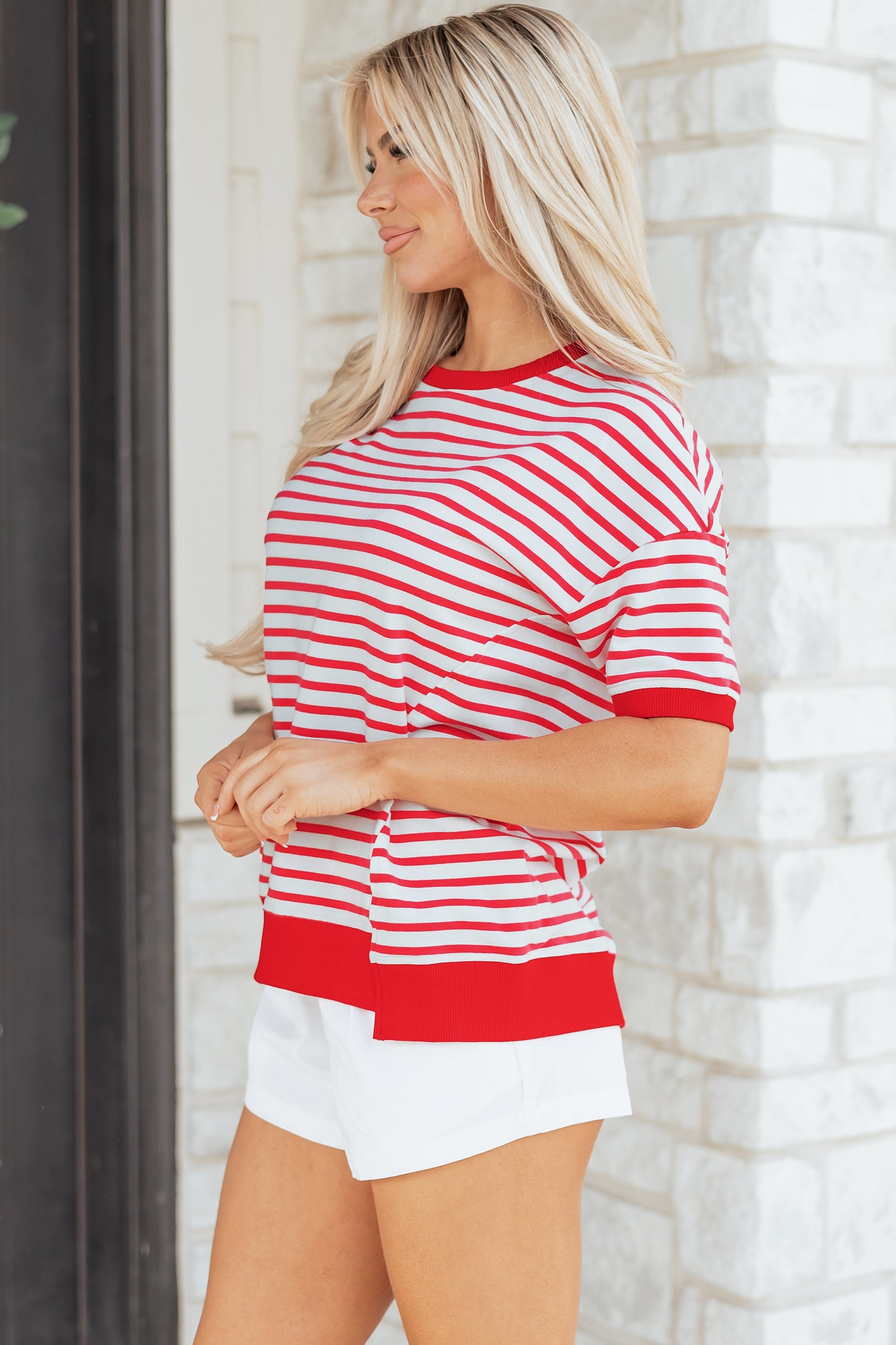 Red Stripe Drop Shoulder Half Sleeve T Shirt
