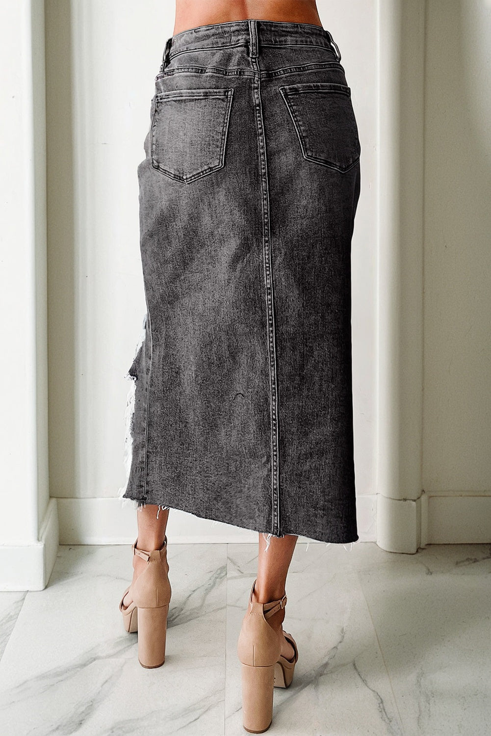 Dark Grey Irregular Distressed Bottom Denim Midi Skirt