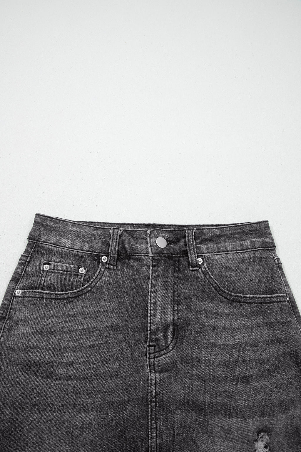 Dark Grey Irregular Distressed Bottom Denim Midi Skirt