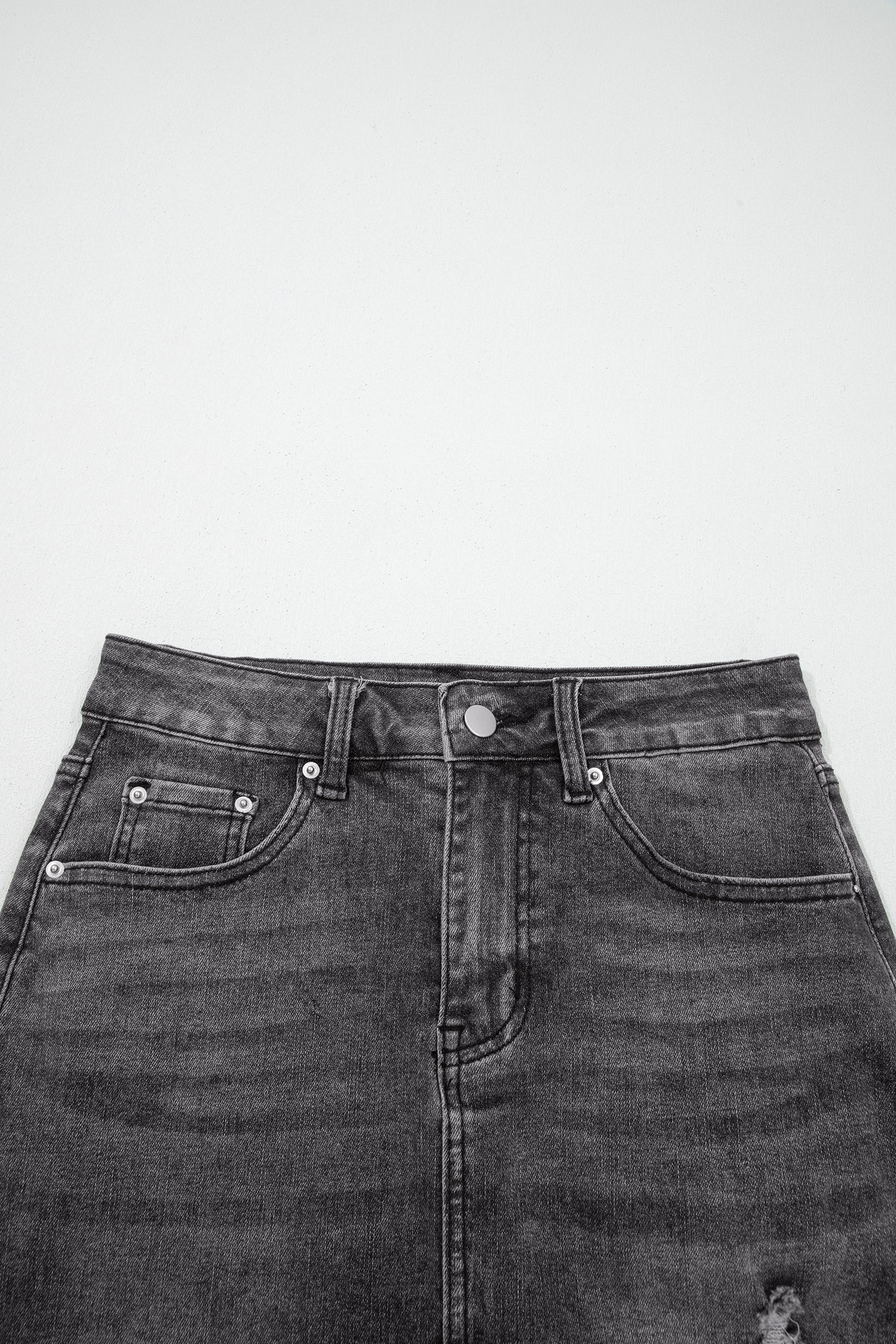 Dark Grey Irregular Distressed Bottom Denim Midi Skirt