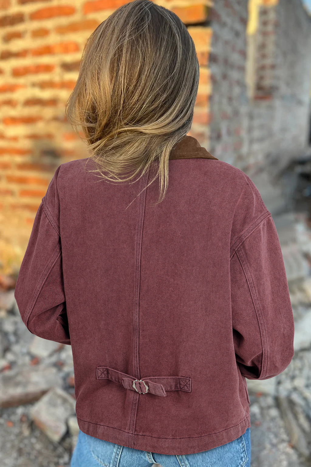 Coffee Corduroy Collar Zipped Front Denim Jacket