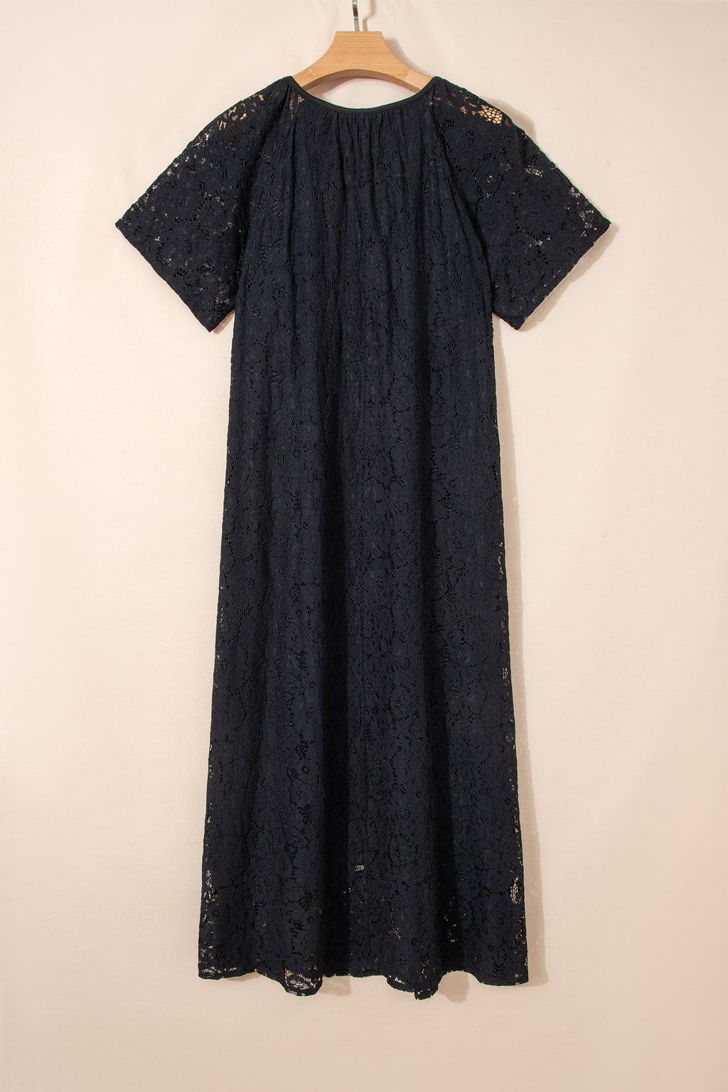 Black Floral Lace Overlay Tassel Tie Short Sleeve Beach Vacation Loose Maxi Dress