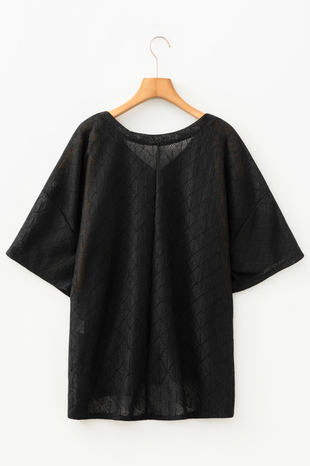Black Pointelle Rhombus Knit Plus Size V Neck Loose Top