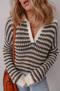 Brown Stripe Eyelet Hollow-out Contrast Collared Pullover Chic Sweater