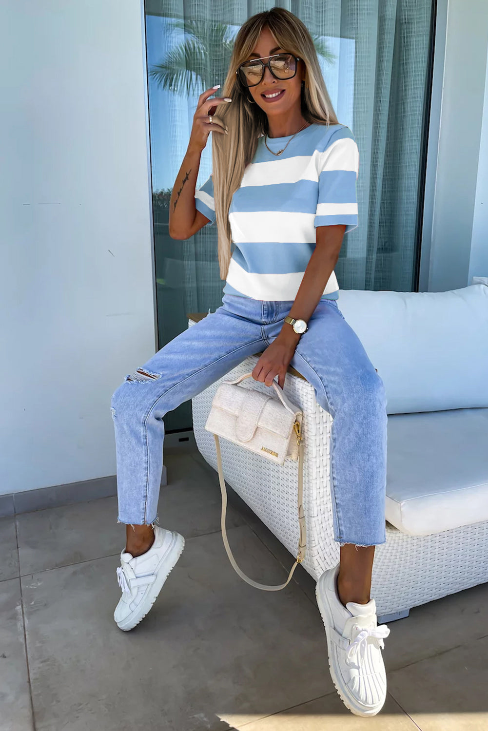 Sky Blue Stripe Colorblock Striped Knitted T shirt