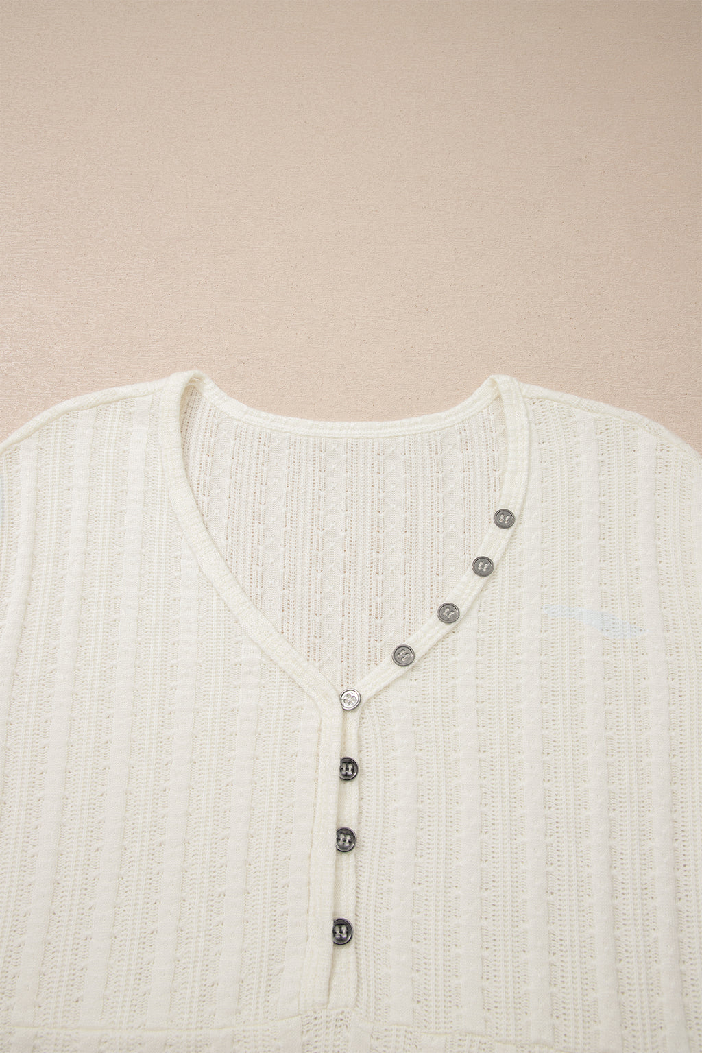 White Solid Color Textured Button V Neck Raw Seam Henley Tee