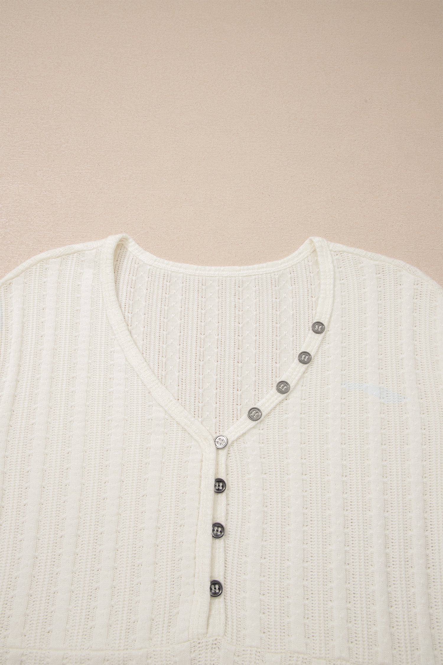 White Solid Color Textured Button V Neck Raw Seam Henley Tee
