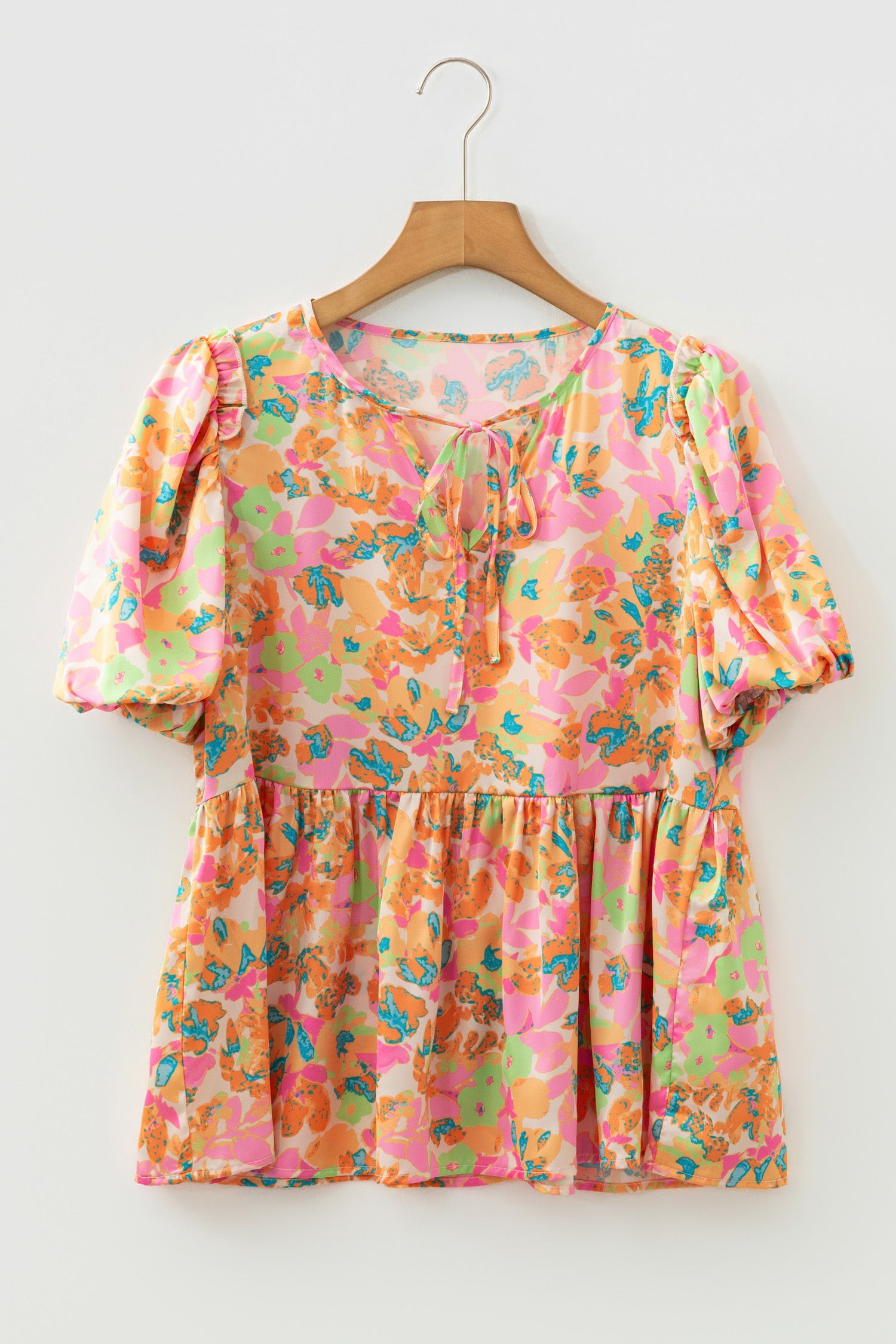 Orange Split V Neck Short Sleeve Flower Blouse