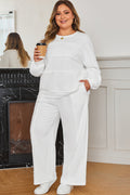 White Textured Raw Seam Plus Size Pullover Top and Drawstring Pants Set