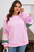 Pink Plus Size Mix Floral Patched Sleeve Ribbed Trim Baggy Sweatshirt